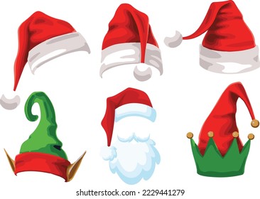 
Set of realistic Santa Hats isolated on white background. Vector Santa Claus hat collection, holiday cap to Xmas illustration. 