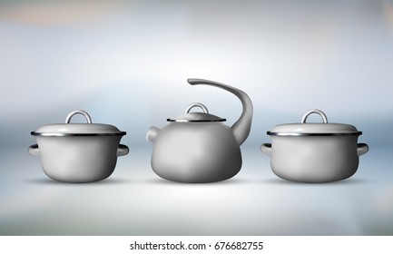Set of realistic saucepan and kettle isolated on background. Vector illustration