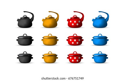 Set of realistic saucepan and kettle isolated on white background. Vector illustration