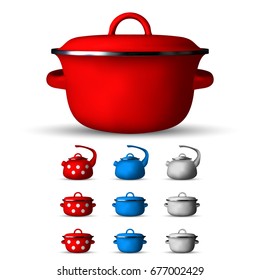 Set of realistic saucepan and kettle isolated on white background. Vector illustration