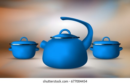 Set of realistic saucepan and kettle isolated on background. Vector illustration