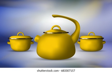 Set of realistic saucepan and kettle isolated on background. Vector illustration
