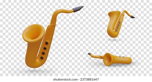 Set of realistic saxophones in different positions. Golden brass musical instrument for jazz, blues. Isolated illustrations. Volumetric icons for web design