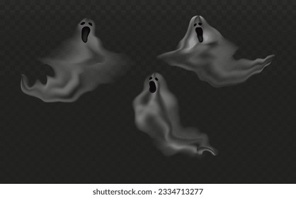 Set of realistic scary flying ghosts.Creepy ghouls and vampires.Scary phantoms banner vector.3d smoke looking spirit at night.The main symbols of Halloween.