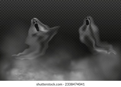  Set of realistic scary flying ghosts.Creepy ghouls and vampires.Scary phantoms banner vector.3d smoke,fog looking spirit at night.The main symbols of Halloween.