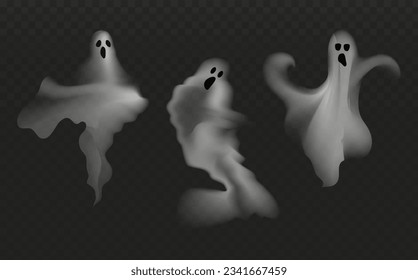 Set of realistic scary flying ghosts.Creepy ghouls and vampires.Scary phantoms banner vector.3d smoke looking spirit at night.The main symbols of Halloween.