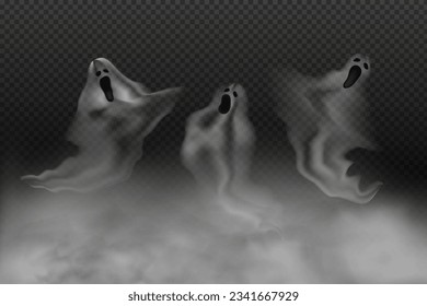  Set of realistic scary flying ghosts.Creepy ghouls and vampires.Scary phantoms banner vector.3d smoke,fog looking spirit at night.The main symbols of Halloween.