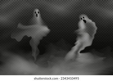  Set of realistic scary flying ghosts.Creepy ghouls and vampires.Scary phantoms banner vector.3d smoke,fog looking spirit at night.The main symbols of Halloween.