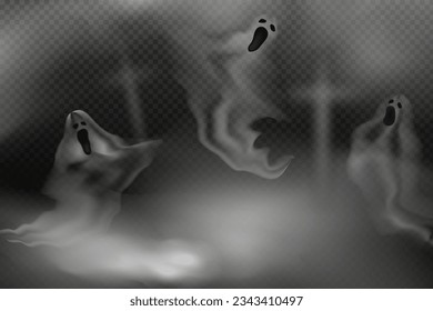 Set of realistic scary flying ghosts.Creepy ghouls and vampires.Scary phantoms banner vector.3d smoke,fog looking spirit at night.The main symbols of Halloween.