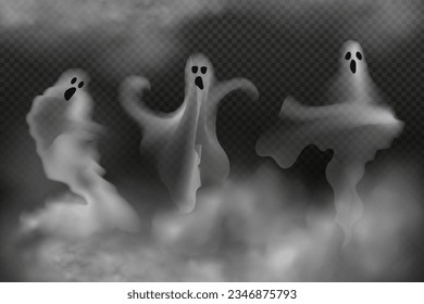  Set of realistic scary flying ghosts.Creepy ghouls and vampires.Scary phantoms banner vector.3d smoke,fog looking spirit at night.The main symbols of Halloween.