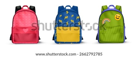 Set of realistic school backpacks. Back to school soon vector realistic backpack.