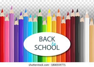 Set of realistic school colorful pencils. Let's go back to school subjects. Wooden colorful pencils on a transparent background. Template for education. Vector illustration