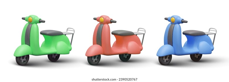 Conjunto de scooters realistas de diferentes colores. Vehículo eléctrico moderno con maletero. Azul, verde, rojo. Entrega de nutrientes. Ilustración vectorial aislada