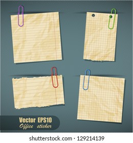 Set of realistic scraps of paper with clips isolated on striped background eps 10 vector