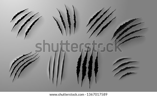 Set of\
Realistic scratch claws of animal. Hand drawn Animal\'s claws\
scratch scrape track. Hole in sheet of paper with torn edges.\
Vector illustration. Isolated on white\
background.