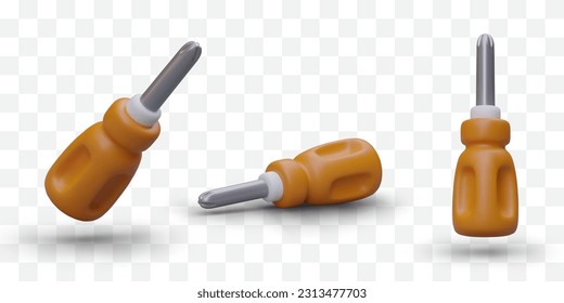 Set of realistic screwdrivers with plastic handles. Construction tools. Phillips screwdrivers with shadows, view from different sides. Handle tools for home