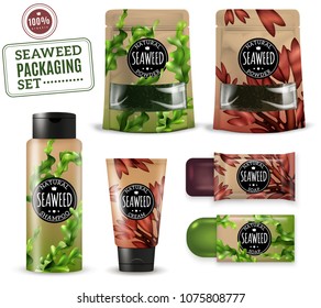 Set Of Realistic Sea Weed Cosmetic Packaging For Shampoo, Soap, Cream, Powders, Isolated Vector Illustration