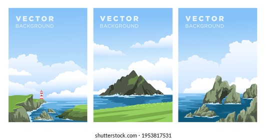 Set of realistic seascapes with cloudy sky. Irish coast view, lighthouse, rocks, cliffs. Vertical banner, book cover, vector background, flat hand-drawn illustrations.