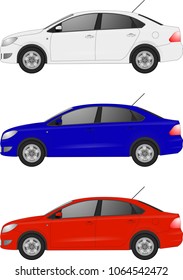 Set of realistic sedan car, Realistic model. The ability to easily change the color. vector sedan car illustration. Side view. Different body color. Auto service set. Set. Repair sedan car station.