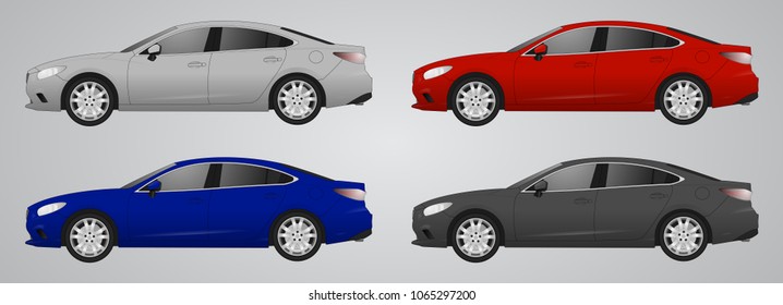 Set of realistic sedan car, Realistic model. The ability to easily change the color. vector sedan car illustration. Side view. Different body color. Auto service set. Wash. Repair sedan car station.