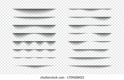 Set of realistic shadow effect on a transparent background, page separation vectors