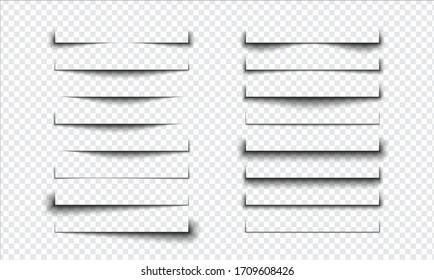 Set of realistic shadow effect on a transparent background, page separation vectors