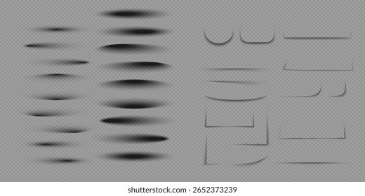 Conjunto de efeito de sombra realista em um fundo transparente de diferentes formas, vetores de separação de página.