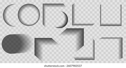 Set of realistic shadows, circles, crescent, angles. Effects for creating realistic objects. Transparent transition shadow for banner, label, poster. Paper for overlays, separation from the lantern. v