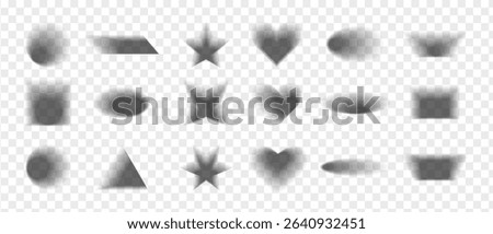 Set of realistic shadows of different geometric shapes on a transparent background. Heart, star, rectangle, circle, square, oval casting blurred soft shadows. Vector illustration.