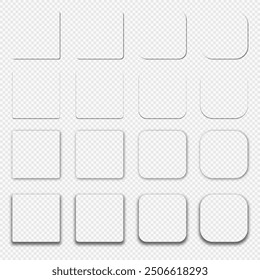 A set of realistic shadows for rounded squares. Crisp and blurry shadows. Shadows for posters, flyers, business cards and banners on a transparent background. Vector illustrations.