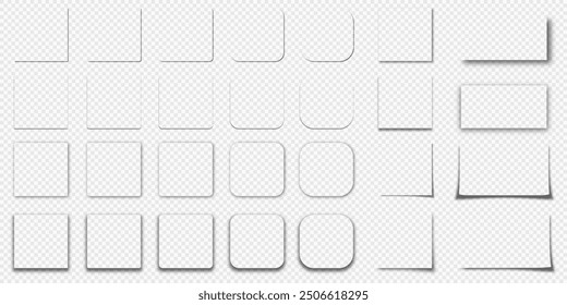 A set of realistic shadows for rounded squares and sheets. Clear and blurred shadow. Shadows for posters, flyers, business cards and banners on a transparent background. Vector illustrations.