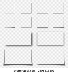 A set of realistic shadows for squares, rectangles, and sheets. Crisp and blurry shadows. Shadows for posters, flyers, business cards and banners on a transparent background. Vector illustrations.