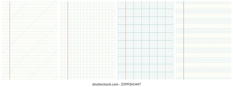 Set of realistic sheet of paper covers, templates, backgrounds. Striped geometric empty isolated notebooks. Blue line prints