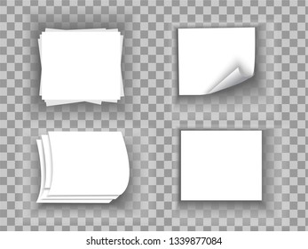 Set of realistic sheets of paper on a transparent bavkground. Vector sheets of paper with realistic shadow.  Set with pieces of paper vector illustration.