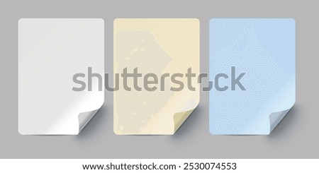 Set of realistic sheets of paper with three colors on transparent background.