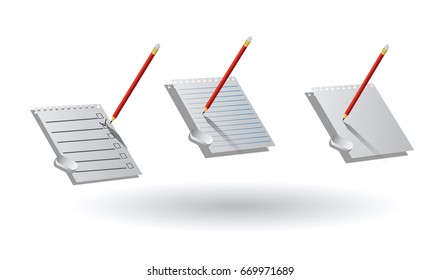 Set of realistic sheets of paper,pencil,eraser.Checklist