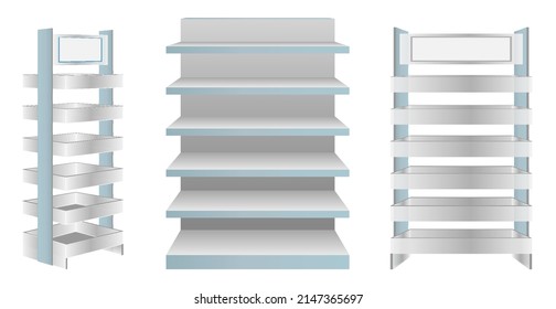 set of realistic shelf retail trade or stand rack shelves for promotion or display rack mock up isolated. eps vector