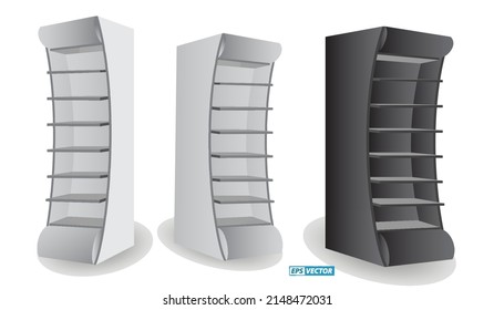 conjunto de estanterías realistas de venta al por menor o estante de rack para promoción o presentación de la maqueta de rack aislado. vector de pasos