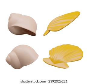 Set of realistic shells in different positions. Round and flat houses of marine mollusks. Decorative element for aquarium. Natural souvenir from seabed, beach