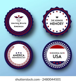 Set of realistic shield badges celebration for the America Independence Memorial Day design template.