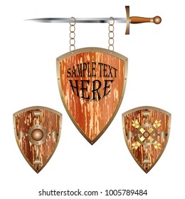 Set of realistic shield icons and sign hanging on a sword isolated on a white background