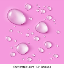 Set of realistic shining water drops. Various shape and size. Isolated on pink background. Vector illustration.