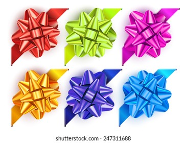 Set of realistic shiny bows isolated on white background. Red, green, blue gift bows for cards, presentation, christmas and birthday illustrations. Colored gift bows, vector collection