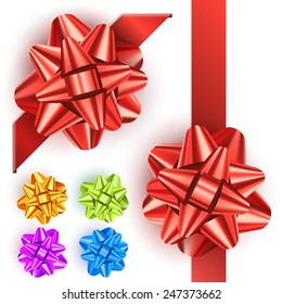 Set of realistic shiny bows isolated on white background. Red, green, blue gift bows for cards, presentation, christmas and birthday illustrations. Colored gift bows, vector collection