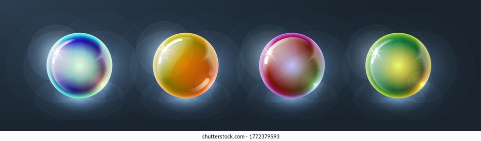 Set von realistischen glänzenden Glaskugeln, leeren Kristallkugeln, glänzenden Blasen, Perlen mit Reflexionen. Kollektion von abstrakten, Vektorkreisorben für Dekoration und Design