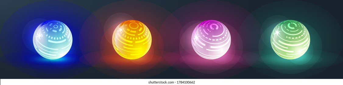 Set of realistic shiny glass magic spheres, empty crystal globes, glossy bubbles, pearls with reflections. Collection of vector 3d abstract circle orbs for decoration and design