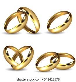 Set of Realistic Shiny Gold Wedding Rings Isolated on White Background with Shadow. 3D Vector Rendering