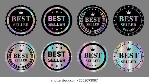 Conjunto de adesivo holográfico brilhante realista, modelo, etiqueta. Round Smooth Mirror Rainbow Emblem Best-seller. Prêmio, medalha com coroa, louro. Isolado no plano de fundo cinza. Ilustração do vetor EPS10

