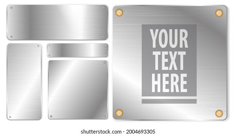 set of realistic shiny metal isolated or various shape brushed steel alloy or steel plate polished metal surface concept. eps vector