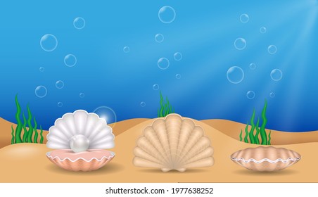 set of realistic shiny pearls or various color pearls inside sea shell or opened sea shell with soft mollusk. eps vector 